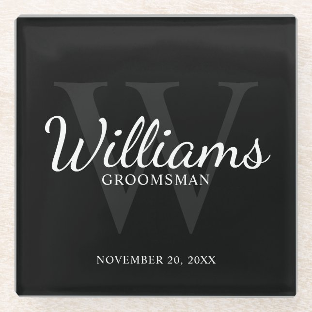 Black Classic Script Personalised Groomsmen Glass Coaster (Front)
