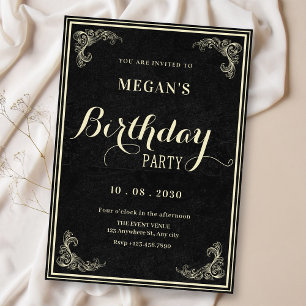 Black classic vintage elegant birthday invitation