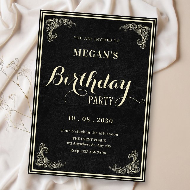 Black classic vintage elegant birthday  invitation (Creator Uploaded)