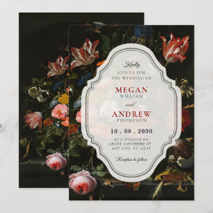 Black classic vintage floral bouquet wedding  invitation