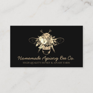 Black Classy Heart Gold Floral Apiary Honey Bee Business Card