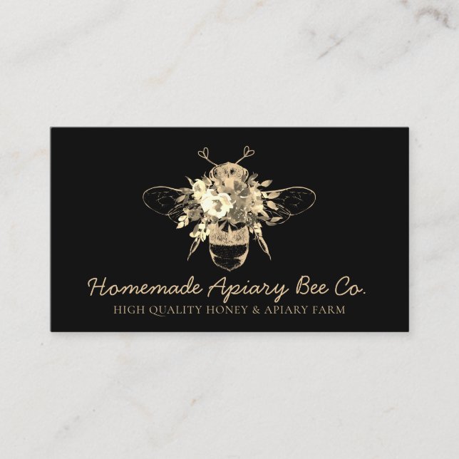 Black Classy Heart Gold Floral Apiary Honey Bee Business Card (Front)