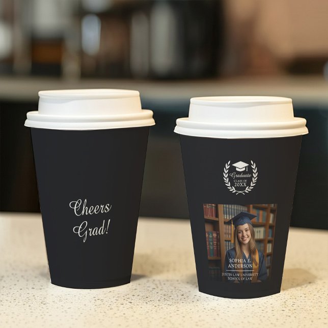 Black Classy Laurel Wreath Emblem Graduation Photo Paper Cups (Creator Uploaded)