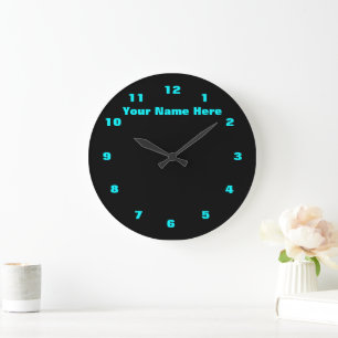 Black Clock with Aqua Blue Numbers and Custom Text
