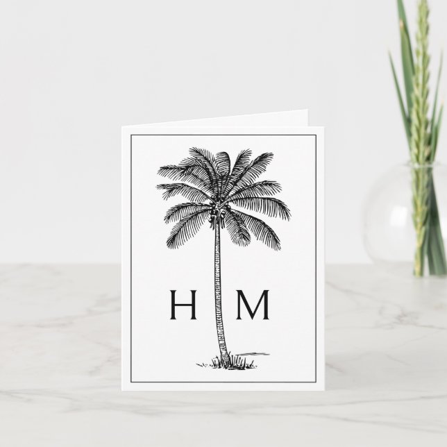 Black Coastal Palmetto Palm Monogram Note Card (Front)