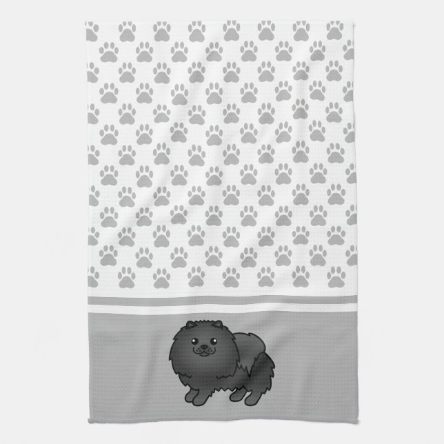 Black Coat Pomeranian With Grey Paws Pattern Tea Towel (Vertical)