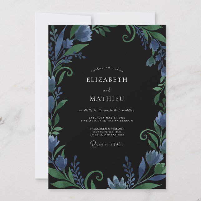 Black Cobalt Vine Wedding Invitation (Front)