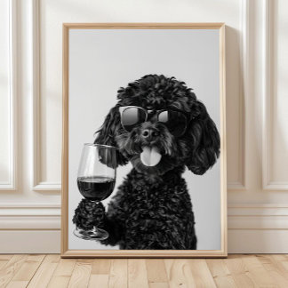Black Cockapoo Drinking Wine Wall Art, Black and Poster