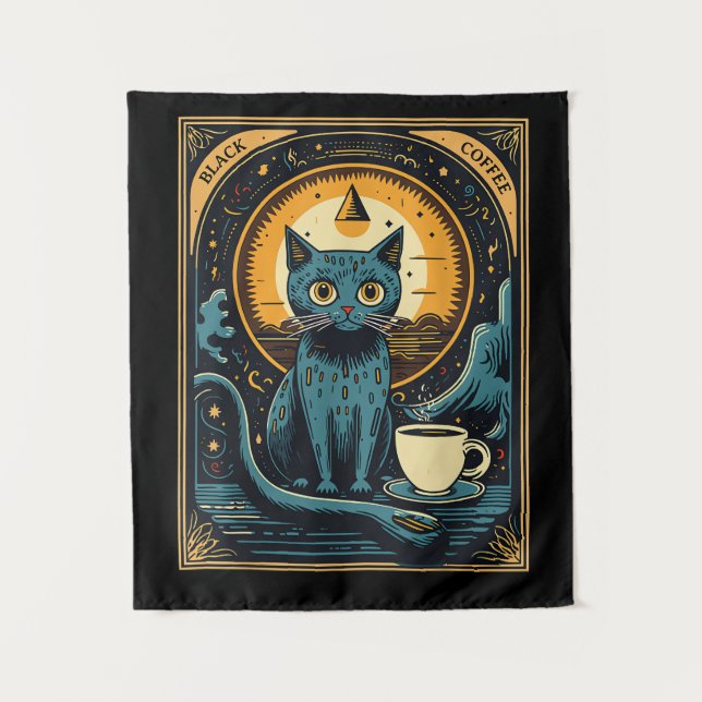 Black Coffee Cat Tarot Card Occult Tapestry (Front)