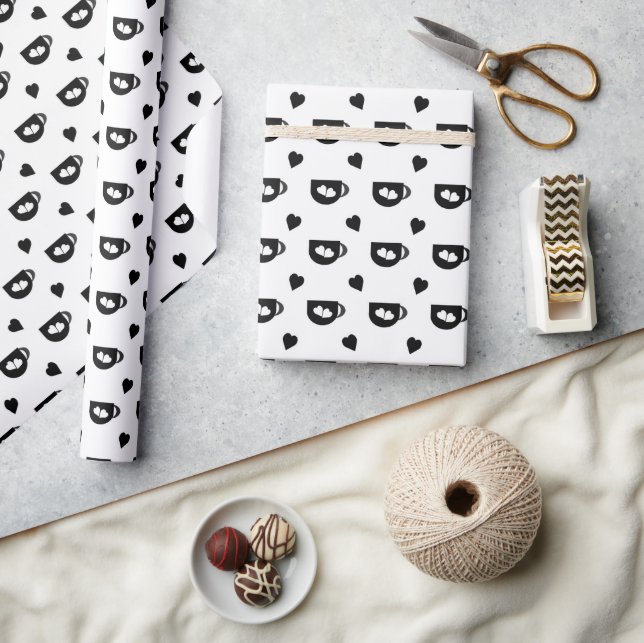 black coffee cup pattern with black hearts wrapping paper (Crafts)