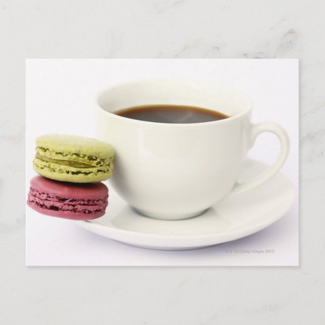 Black coffee in white cup with two french postcard (Front)