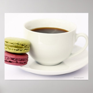 Black coffee in white cup with two french poster