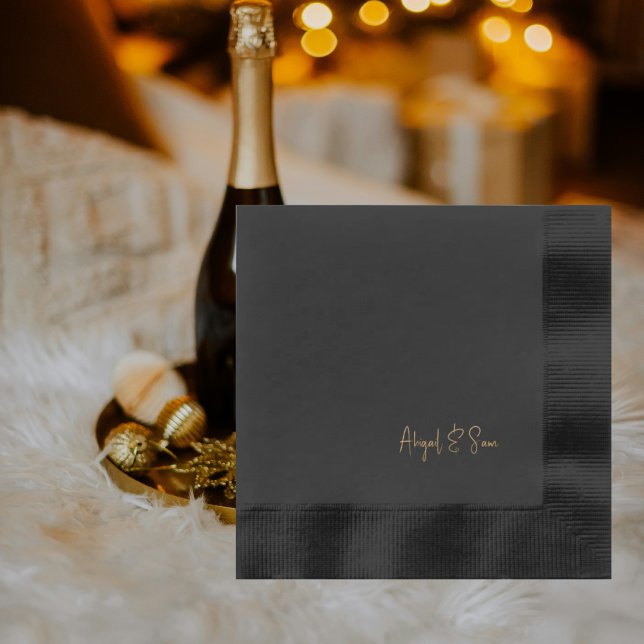 Black Coined Cocktail Gold Foil Script Names Napkins (Creator Uploaded)