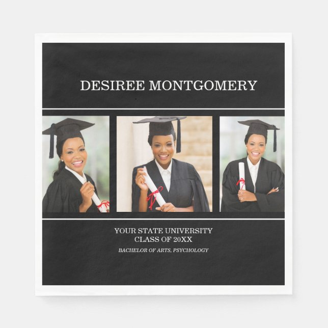 Black College University 3 Photo Graduation Napkin (Front)