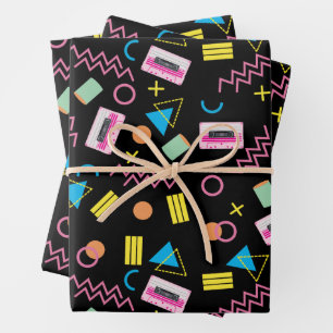 Black Colorful Eighties 80's Retro Pattern  Wrapping Paper Sheet