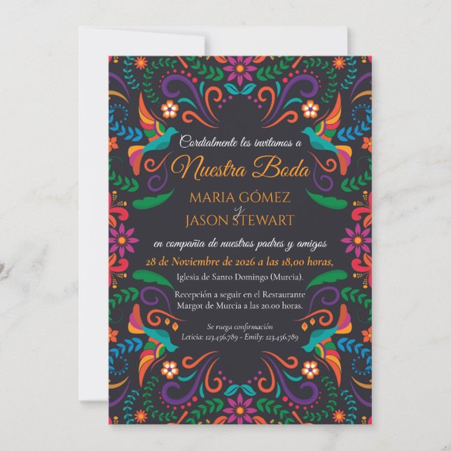 Black Colorful Floral Nuestra Boda Spanish Wedding Invitation (Front)