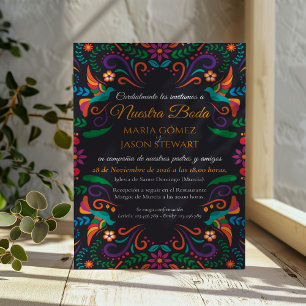 Black Colorful Floral Nuestra Boda Spanish Wedding Invitation