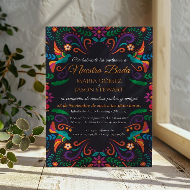 Black Colorful Floral Nuestra Boda Spanish Wedding Invitation (Black Colorful Floral Nuestra Boda Spanish Wedding Invitation)