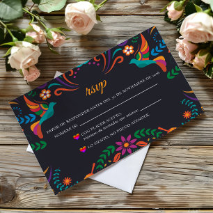 Black Colorful Floral Nuestra Boda Spanish Wedding RSVP Card