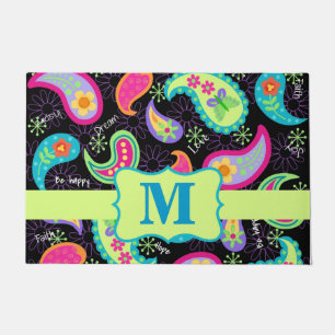 Black Colorful Monogram Modern Paisley Pattern Doormat