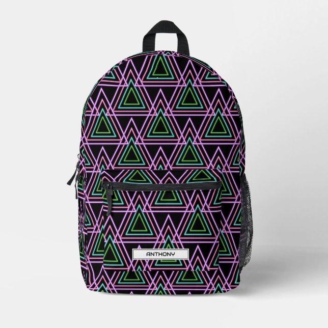 Black Colorful Retro 80's Neon Geometric Triangles Printed Backpack (Front)