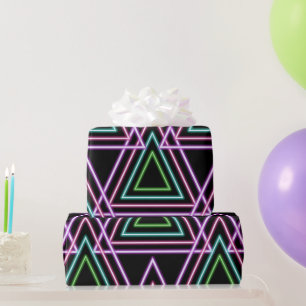 Black Colorful Retro 80's Neon Geometric Triangles Wrapping Paper
