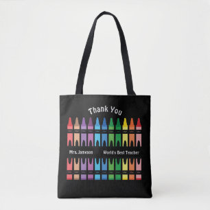 Black Colorful World's Best Teacher Rainbow Crayon Tote Bag