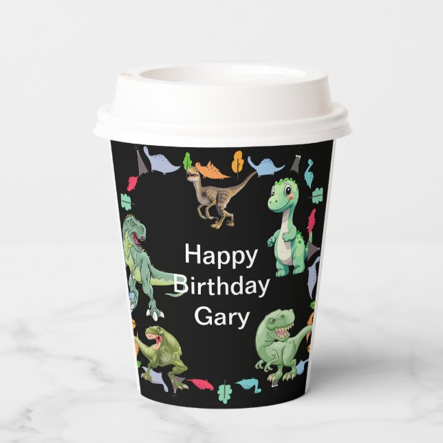 Black colour Background Dinosaur Birthday Party Paper Cups (Back)