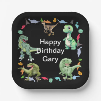 Black colour Background Dinosaur Birthday Party Paper Plate