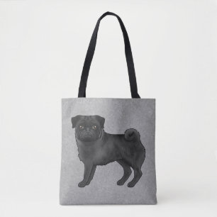 Black Colour Cute Pug Mops Cartoon Dog Breed Grey Tote Bag