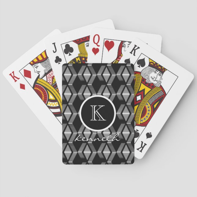 Black Colour Pattern Monogram Initial Name Custom Playing Cards (Back)