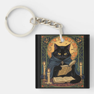 Black-Coloured Feline Reading A Book Of Solstice-S Key Ring