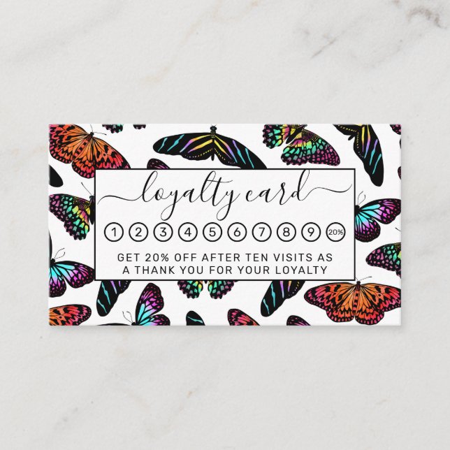 Black Colourful Butterflies Watercolor Pattern Loyalty Card (Front)