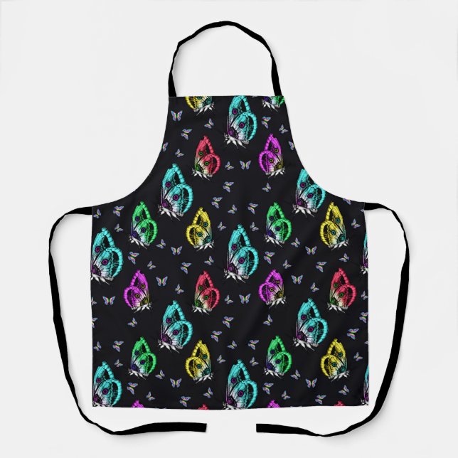 Black Colourful Butterfly Illustration Pattern Apron (Front)