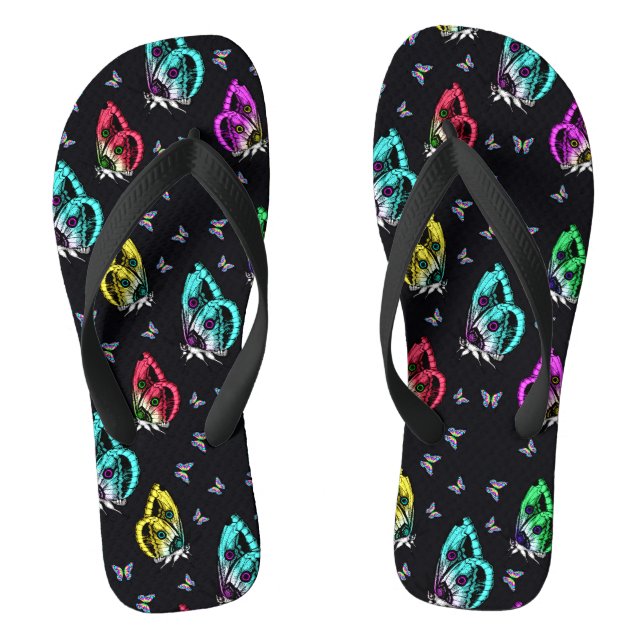Black Colourful Butterfly Illustration Pattern Jandals (Footbed)