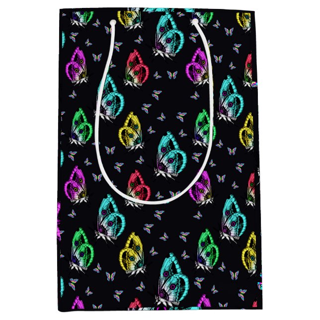Black Colourful Butterfly Illustration Pattern Medium Gift Bag (Front)