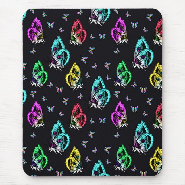 Black Colourful Butterfly Illustration Pattern Mouse Pad (Front)