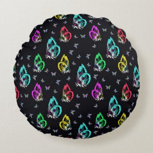 Black Colourful Butterfly Illustration Pattern Round Cushion