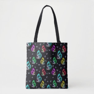 Black Colourful Butterfly Illustration Pattern Tote Bag