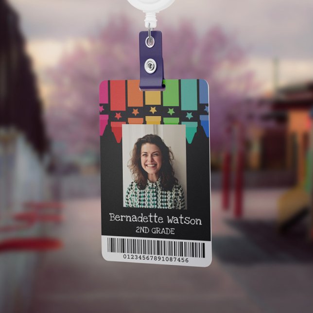 Black Colourful Crayons Barcode School Teacher ID Badge (Creator Uploaded)
