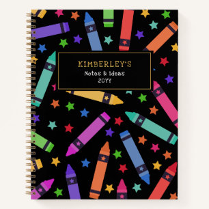 Black Colourful Crayons & Stars Pattern Notebook