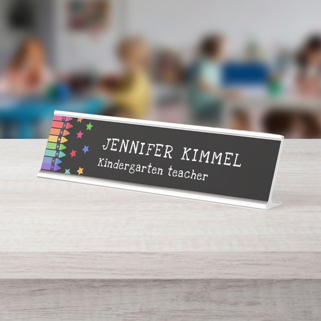Black Colourful Crayons & Stars Teacher Name Desk Name Plate (Creator Uploaded)