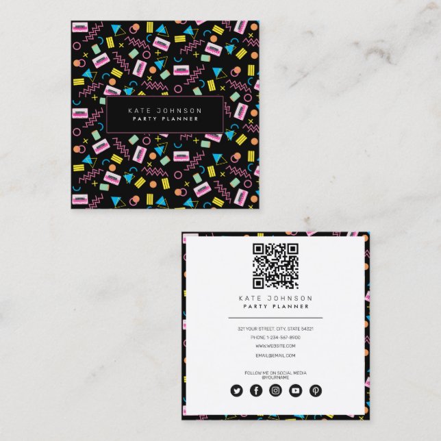 Black Colourful Eighties 80's Retro Party Planner Square Business Card (Front/Back)