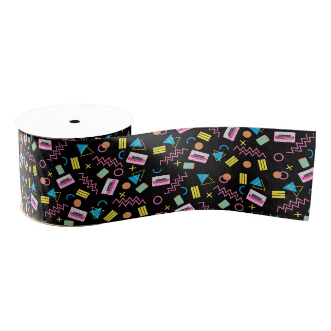 Black Colourful Eighties 80's Retro Pattern Grosgrain Ribbon (Spool)