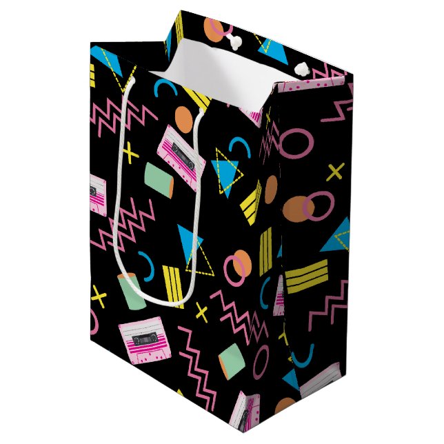Black Colourful Eighties 80's Retro Pattern Medium Gift Bag (Front Angled)
