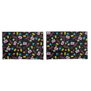 Black Colourful Eighties 80's Retro Pattern  Pillowcase