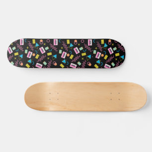 Black Colourful Eighties 80's Retro Pattern   Skateboard