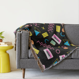 Black Colourful Eighties 80's Retro Pattern Throw Blanket