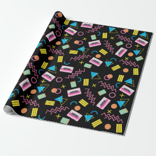 Black Colourful Eighties 80's Retro Pattern Wrapping Paper