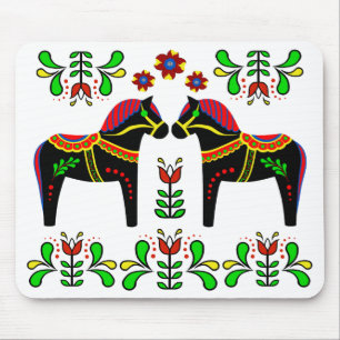 Black/colourful Folk Dala horse/Folk Friesian Mouse Pad
